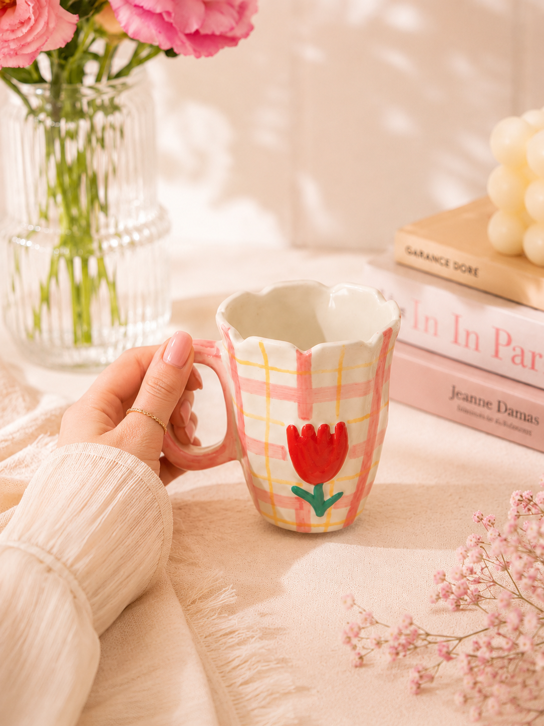 Pink Gingham Tulip Mug