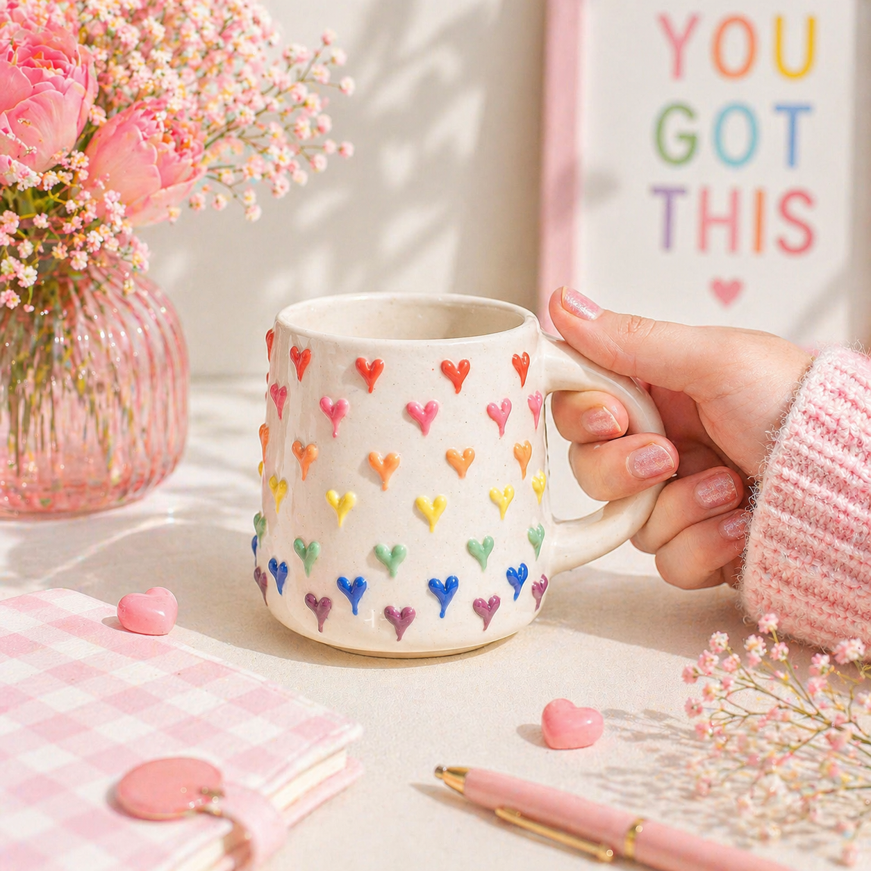 Rainbow Hearts Hug Mug